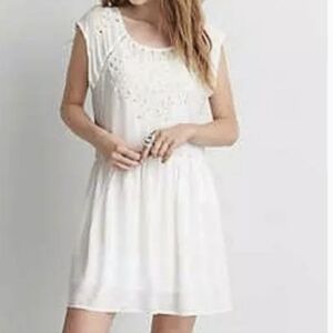 American Eagle Vintage Boho Embroider Eyelet Lined Babydoll Dress White Sz XS